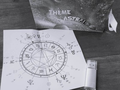 photo-theme-astral-adulte Le carnet adulte de votre Astrologue à Nantes. Livret cartonné décoré Thème Astral écrit dessus. Une clé usb et une cartographie astrale.