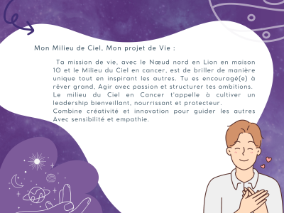image-texte-adulte Image de contenu du carnet virtuel Astro Adulte. Le fond dégradé violet est composé de forme organique blanche et violet on y voit une image d'un homme, une icône de planète organique et des icônes d'astres.